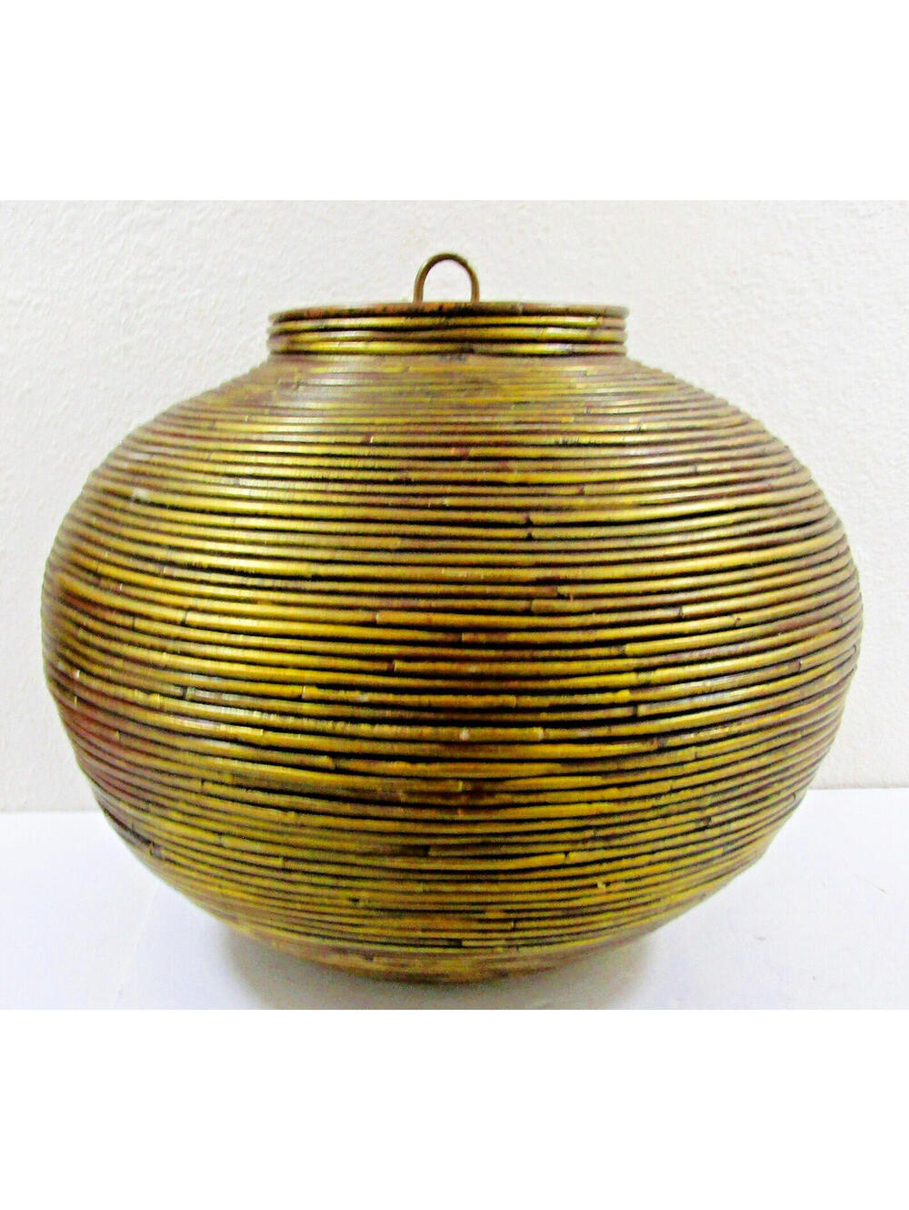 Vintage 1970s Large Bamboo Pencil Reed Lidded Floor Basket Gabriella Crespi